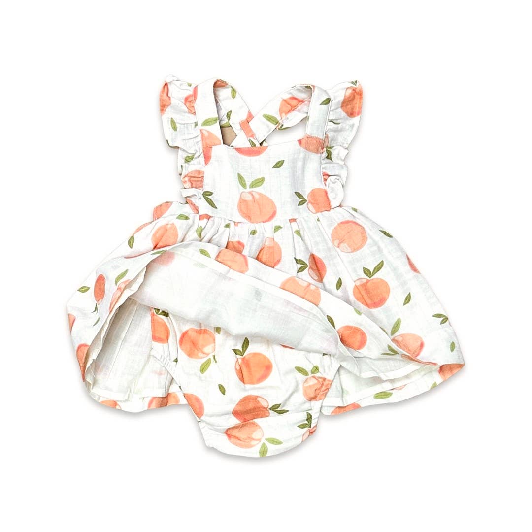 Peaches Ruffle Cross Back Flare Organic Baby Dress and Bloomer