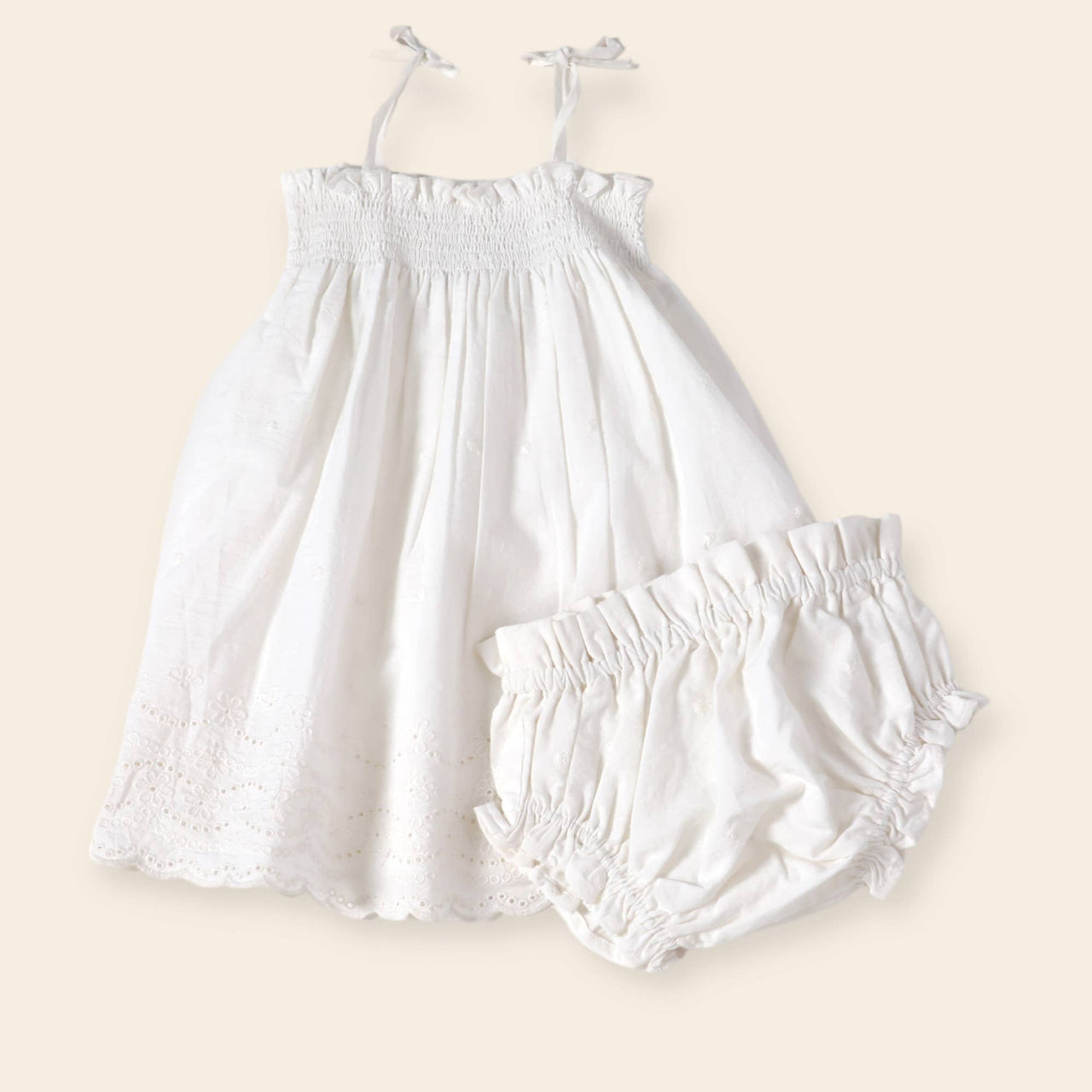 Camille Schiffli Smocked Baby Dress + Bloomer (Organic)