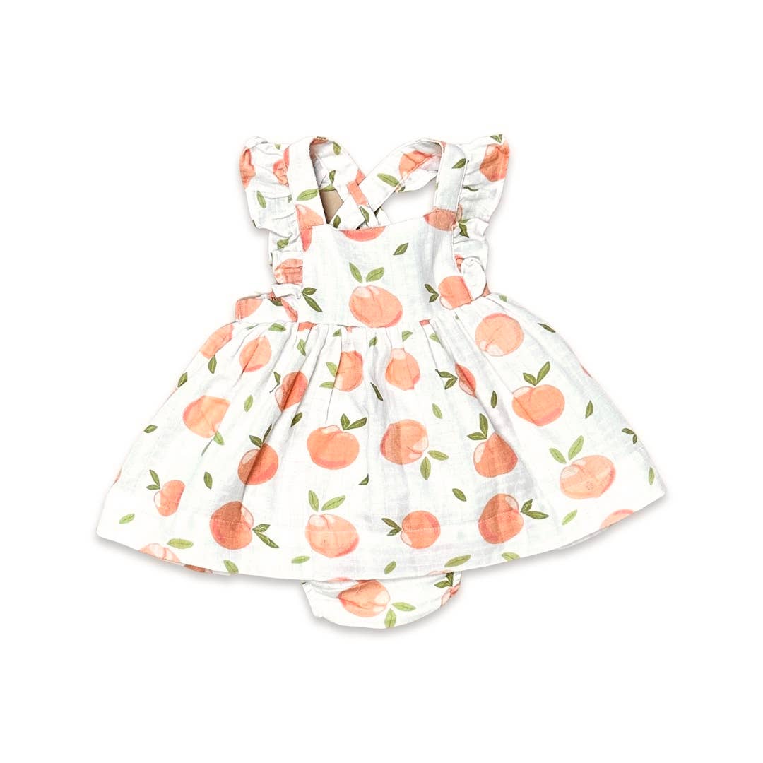 Peaches Ruffle Cross Back Flare Organic Baby Dress and Bloomer